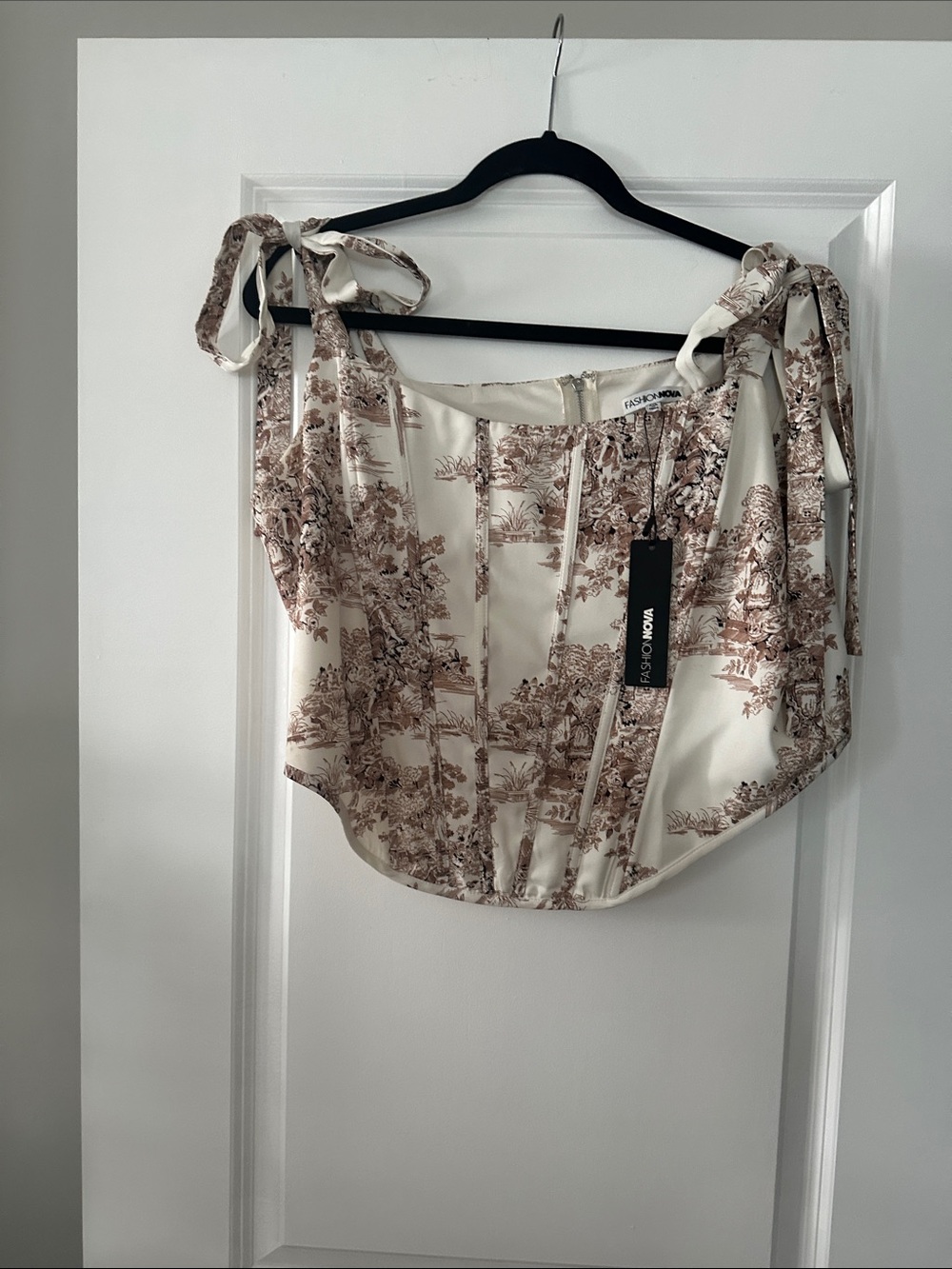 Fashion Nova Cream and Brown Toile Tie-Shoulder Corset-Style Camisole